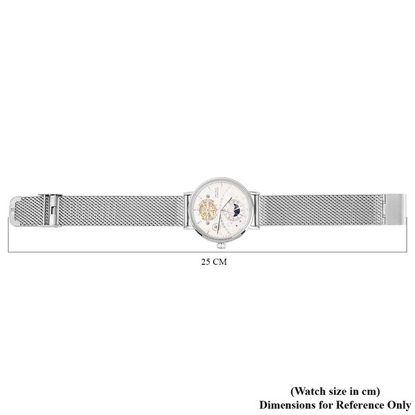 GENOA - Mondphasenuhr mit Schwungrad, Automatikwerk, wei&szlig;es Ziffernblatt mit Milanese Armband im Silberton, wasserdicht image number 6