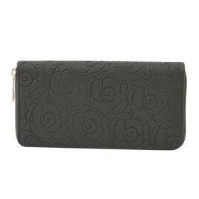 Lange Brieftasche aus naturfreundlichem Kunstleder, 19x2.5x10cm, florales Muster, Olive