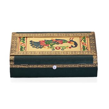 Handgefertigte Schmuckbox mit Pfau-Pr&auml;gung, oxidiertes Finish, 24,2x15x7 cm, Silber-gr&uuml;n