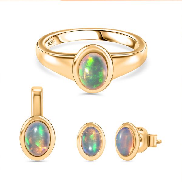 AA Nat&uuml;rliches, &auml;thiopisches Welo Opal Schmuckset, 925 Silber 750 Gelbgold Vermeil - 1,61 ct. image number 0