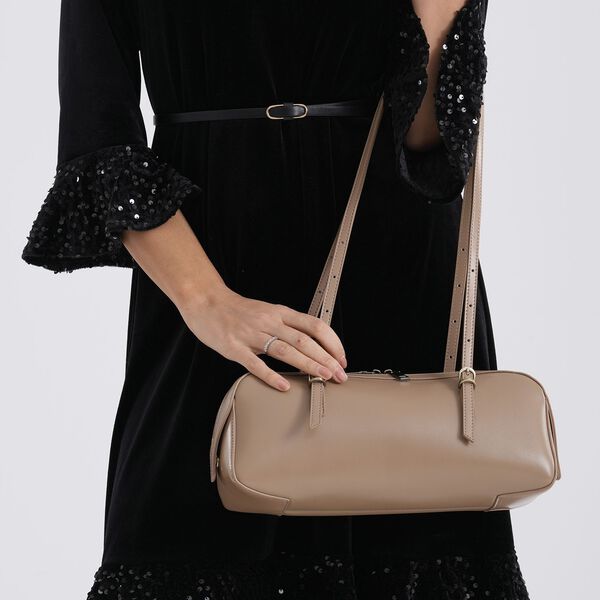 Echtleder Schultertasche, Rei&szlig;verschlussfach, Innenf&auml;cher, 33x12x13cm, Khaki image number 3