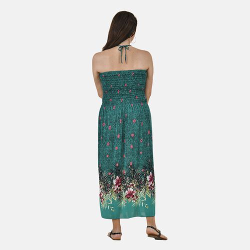 TAMSY - Gesmoktes Maxi-Kleid, Sommerkleid, Pfaunmuster, grün image number 1
