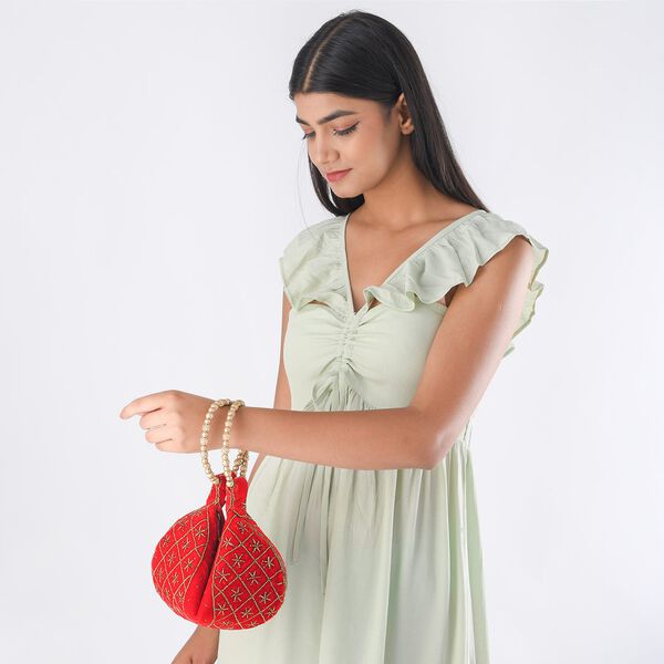 Handgefertigte Gl&uuml;ckskekstasche aus Samtbrokat mit Perlen, rot image number 2