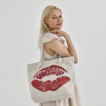 Gewebte Jute-Tasche mit rotem Kussmund, beige