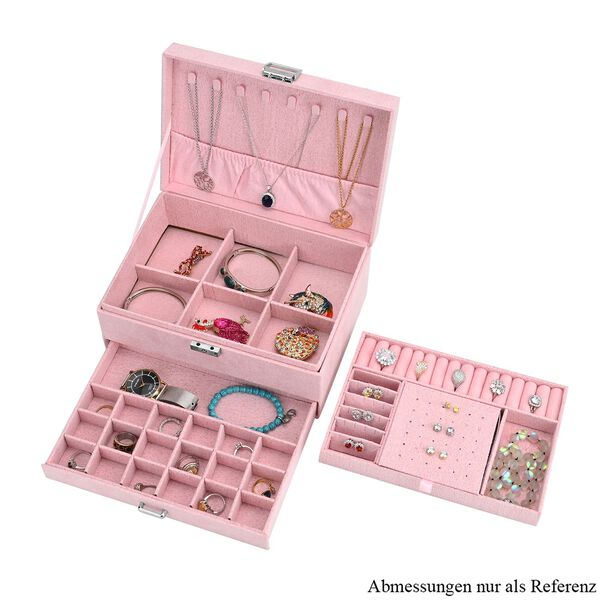 3-schichtige Schmuckbox aus Samt mit 5 Silberputzt&uuml;chern in Rosa, 24,5x17x11,5cm