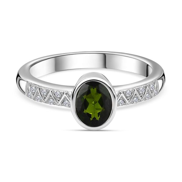 Nat&uuml;rlicher Chromdiopsid, Wei&szlig;er Zirkon Ring 925 Silber platiniert (Gr&ouml;&szlig;e 17.00) ca. 0,90 ct