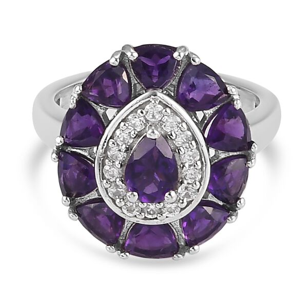Lusaka Amethyst und Zirkon Ring 925 Silber Platin-&Uuml;berzug