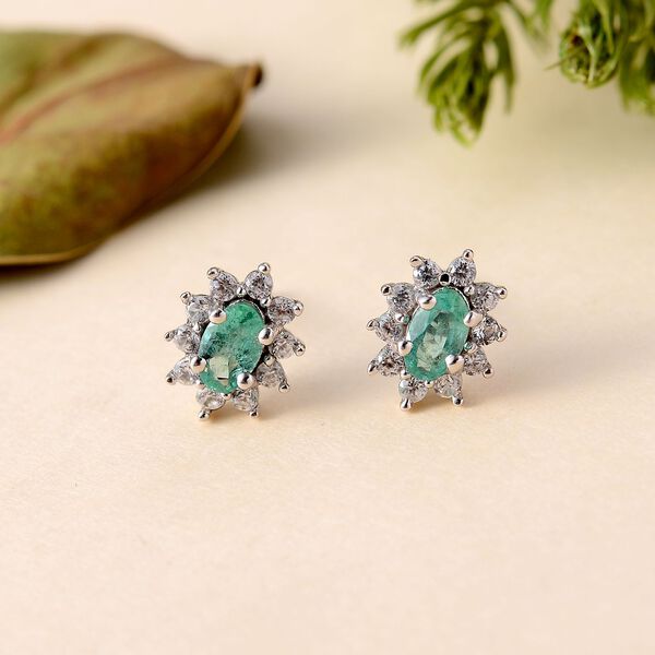 Smaragd, Wei&szlig;er Zirkon Ohrringe 925 Silber platiniert ca. 0.87 ct image number 2