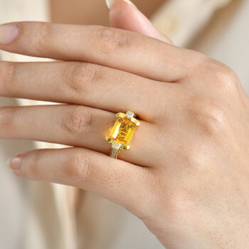 Feuerrahmen-Design - D'Joy Sphaleros Quarz, Wei&szlig;er Zirkon Ring. 925 Silber 750 Gelb Vergoldet (Gr&ouml;&szlig;e 18.00) ca. 4.20 ct