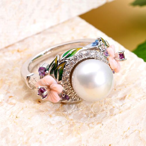 Weißer Südsee Perlen und rosa Perlmutt Ring, 925 Silber rhodiniert (Größe 17.00) image number 1