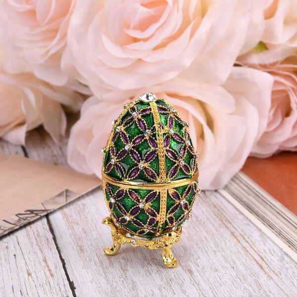 Handgemachte Ei-förmige Schmuckdose mit Blumenverzierung, aus Metall und Kristall, magnetischer Verschluss, 4x7 cm, Grün image number 2