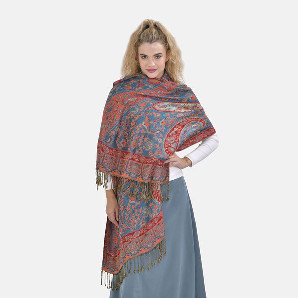 Damen Schal mit Fransen, Blau-rot image number 2