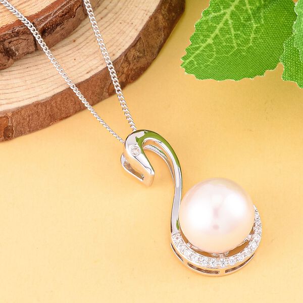 13-14 mm wei&szlig;e Edison-Perle und Zirkon-Anh&auml;nger mit Kette, 45 cm - 0,25 ct. image number 3