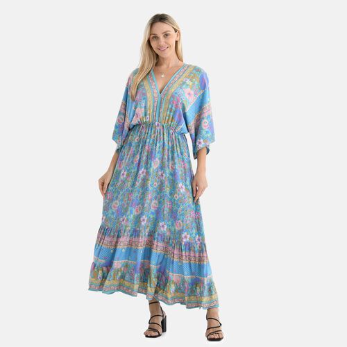 Maxikleid mit Platzdruck, Kimono-Ärmeln, elastischer Taille und Stufenrock, Rückenschleife, 100% Viskose, 38x135 cm (erweiterbar bis 62 cm), Rot gemustert, Blau image number 0
