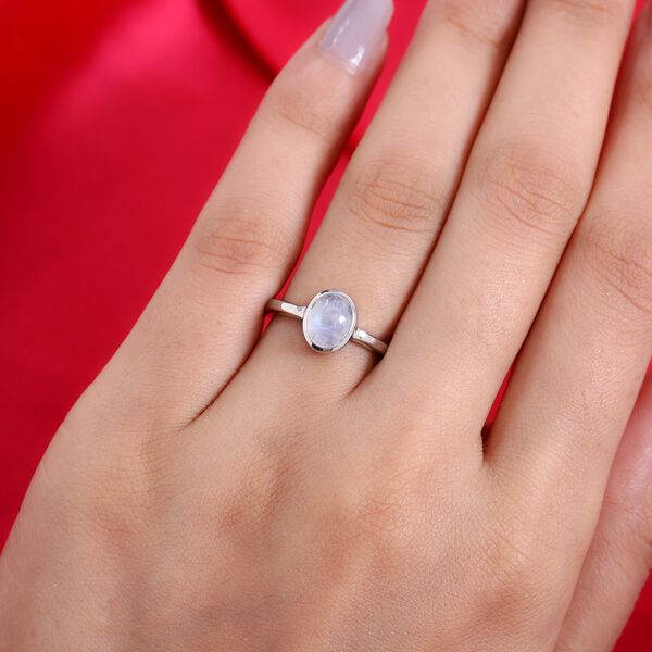 Regenbogen Mondstein Solitär Ring 925 Silber Platin-Überzug image number 3