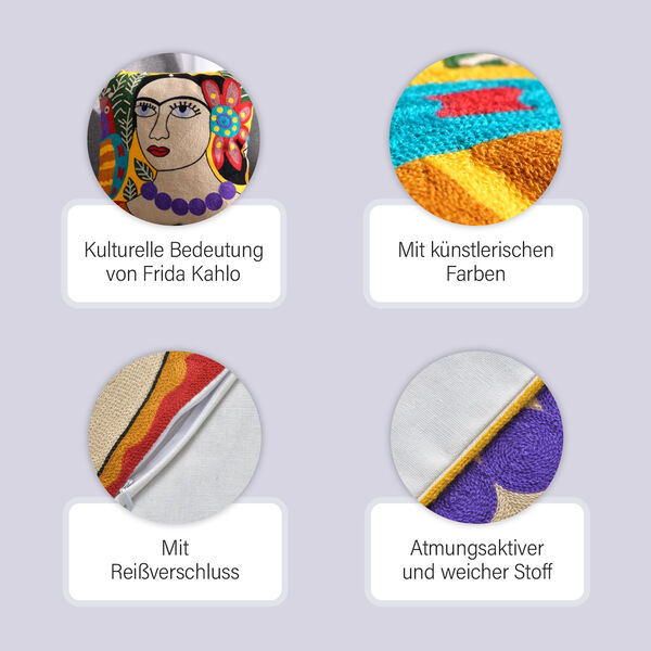 Frieda Kahlo Besticktes Kissenbezug aus 100% Baumwolle, 43x43 cm, Frieda image number 9