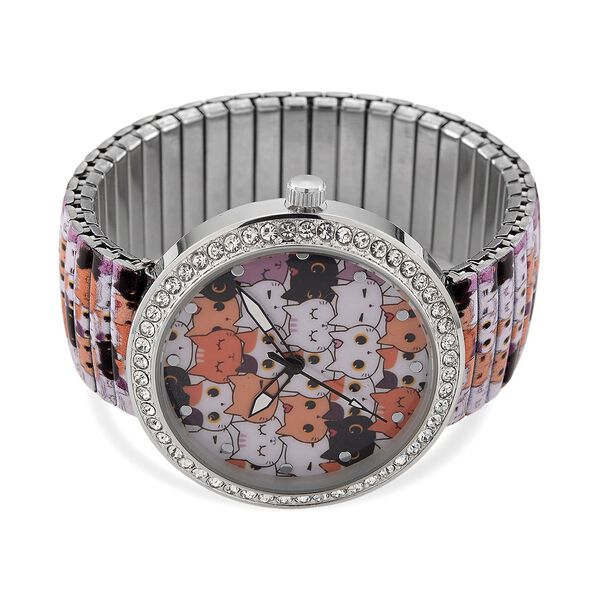 STRADA - Armbanduhr mit Katzengesichtmotiv, Kristall-Lünette, Japanisches Uhrwerk, Edelstahlzugband, Reiner Edelstahl image number 4