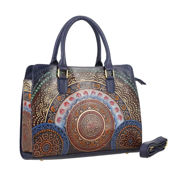 Handbemalte Satchel-Tasche aus 100% Echtleder mit kunstvoller Prägung und Mandala-Design, 31x10x23cm, Blau-Braun image number 5
