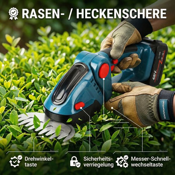Akku Gras und Strauchschere, 2 in 1 Gartenschneider, 6000mAh, 390W, Blau image number 3