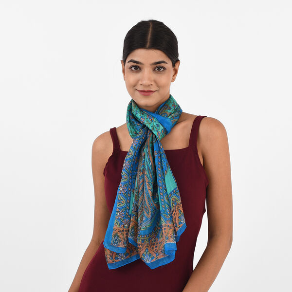 Bedruckter 100% Satin-Seidenschal, 48x160cm, Blau