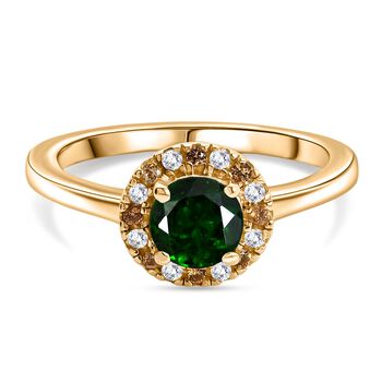 Nat&uuml;rlicher Chromdiopsid, Gelber Saphir, Moissanit Ring 925 Silber 750 Gelbgold Vermeil (Gr&ouml;&szlig;e 17.00) ca. 1,03 ct