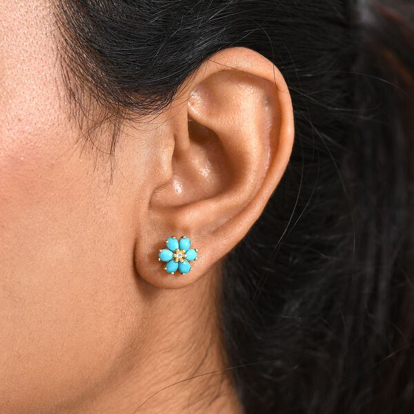 D'Joy AA Sleeping Beauty Türkis, Weißer Zirkon Ohrringe 925 Silber 750 Gelb Vergoldet ca. 1.86 ct image number 3