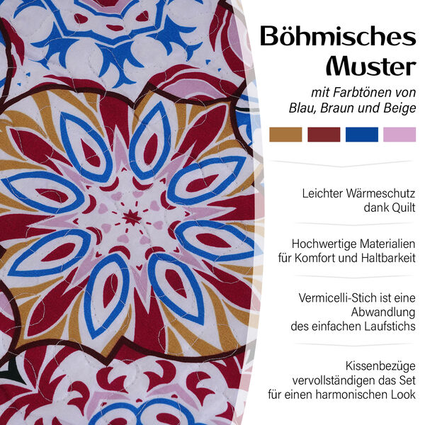 SERENITY NIGHT: 3er-Set - Bedruckte Steppdecke und 2 Kissenbez&uuml;ge, Blau-Braun-Beige image number 1