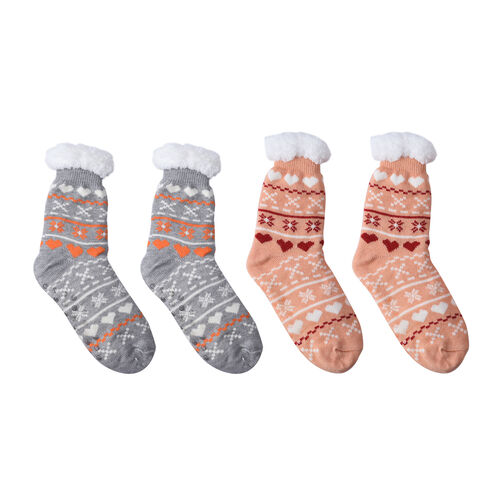 2er-Set - Rutschfeste Haussocken mit Sherpafutter, Einheitsgröße, Pfirsich-Weiß-Rot und Grau-Orange-Weiß image number 0