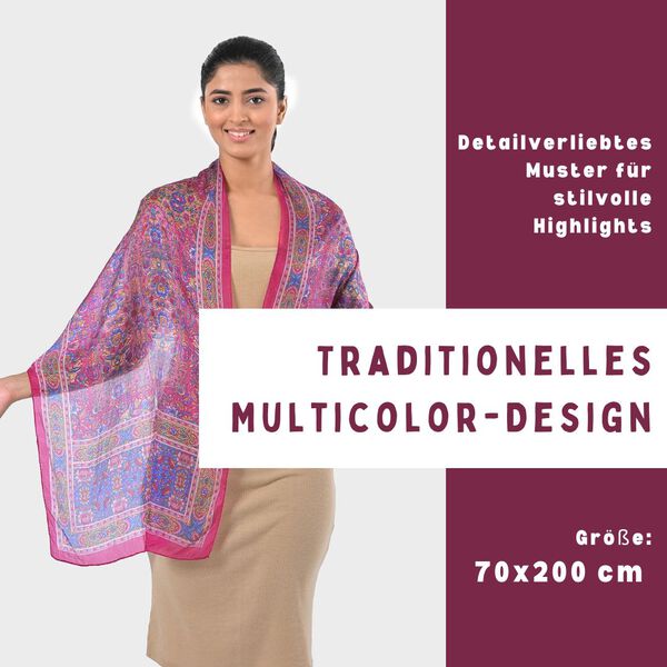 Bedruckter Schal aus 100% Seide, Mehrfarbiges Muster mit rosa Bord&uuml;re, 70x200 cm image number 2
