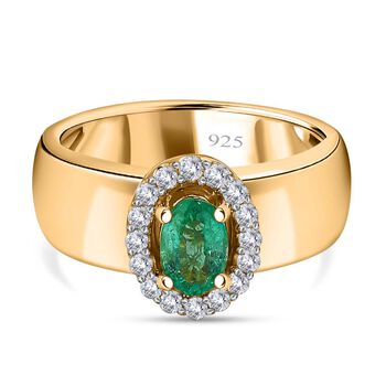 AAA Smaragd, wei&szlig;er Zirkon Ring, 925 Silber Gelbgold Vermeil (Gr&ouml;&szlig;e 19.00) ca. 0.74 ct