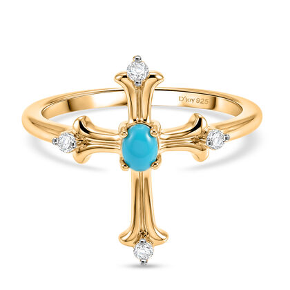 D'Joy AA Sleeping Beauty T&uuml;rkis, Wei&szlig;er Zirkon Ring 925 Silber 750 Vergoldet (Gr&ouml;&szlig;e 18.00) ca. 0,31 ct