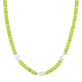 Wei&szlig;e Muschelkernperle, Gr&uuml;ner Howlit Halskette, ca. 50 cm + 5 cm Extender, goldfarben