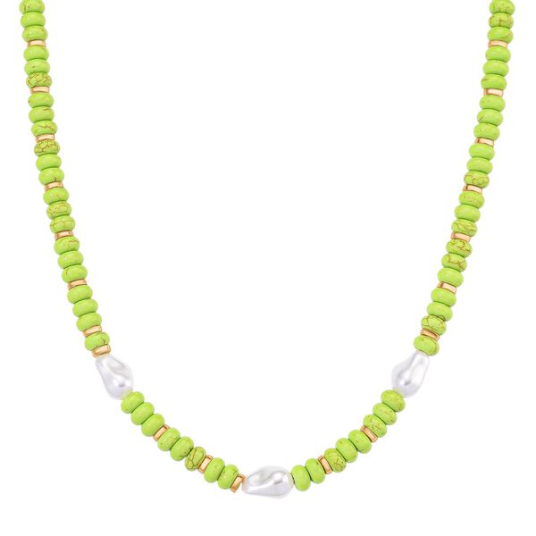 Wei&szlig;e Muschelkernperle, Gr&uuml;ner Howlit Halskette, ca. 50 cm + 5 cm Extender, goldfarben