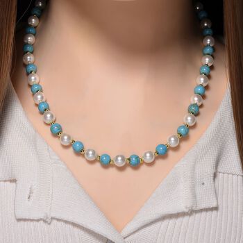 Blauer Howlit, Wei&szlig;e Muschelkernperle (7-9 mm) Halskette ca. 45 cm+ 5 cm Extender, gelb vergoldet