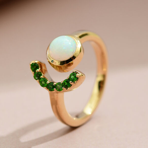 Natürlicher Äthiopischer Opal und Natürlicher Chromdiopsid Ring 925 Silber vergoldet image number 2