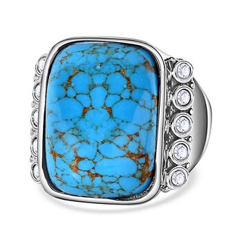 Blauer T&uuml;rkis, Wei&szlig;er Zirkon Ring, 316L Edelstahl , (Gr&ouml;&szlig;e 16.00) ca. 11.72 ct