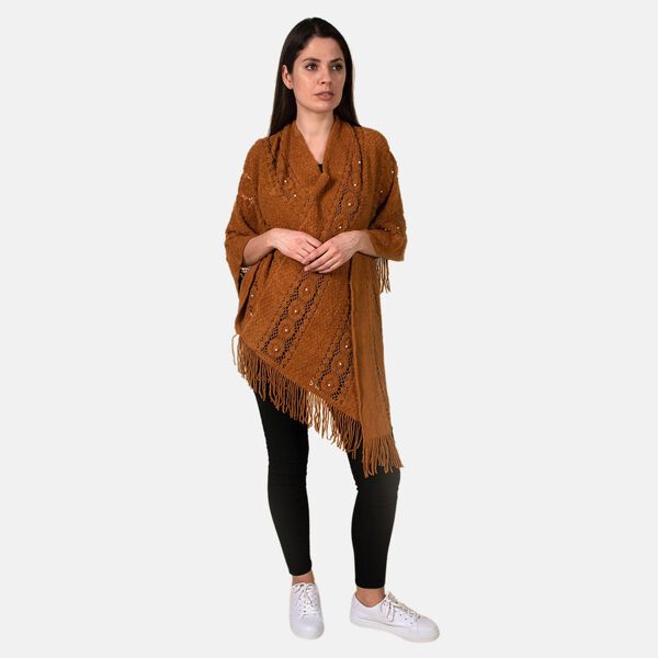 TAMSY- Strick-Poncho mit Perlen, Braun image number 3