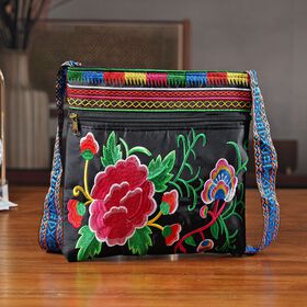 Blumen Stickerei Umhängetasche, verstellbarer Riemen, 23 x 24 cm, Pink Grün