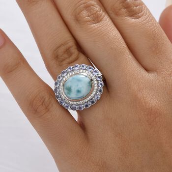 D'Joy Larimar, Tansanit Ring 925 Silber rhodiniert (Gr&ouml;&szlig;e 20.00) ca. 7,62 ct