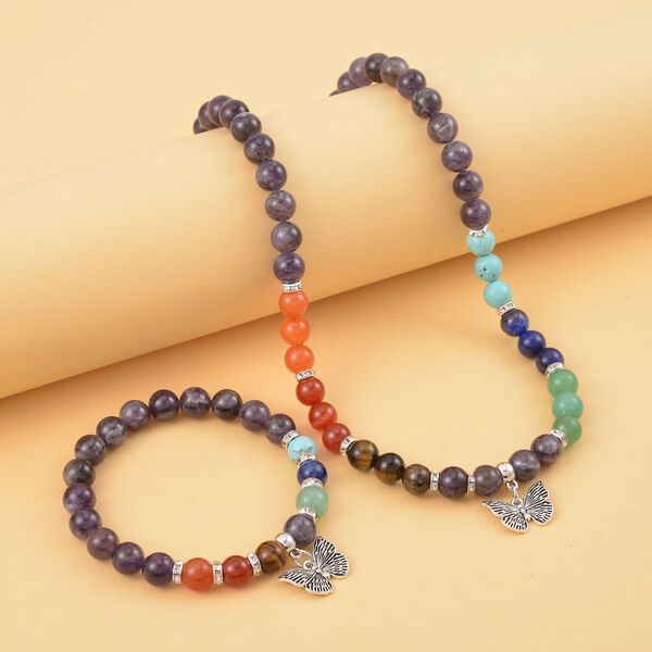 2er Set - Schmetterling Anhänger mit Mehrfarbigen und Amethyst Edelsteinperlen Chakra Halskette und Armband image number 2