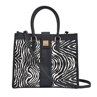 LA MAREY - Echtleder Handtasche 33x14x27,5cm, Griff 11cm, Crossbody 120cm, schwarz mit Zebramuster