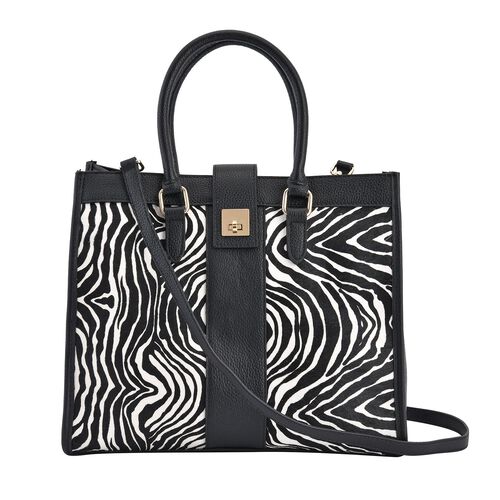 LA MAREY - Echtleder Handtasche 33x14x27,5cm, Griff 11cm, Crossbody 120cm, schwarz mit Zebramuster image number 0