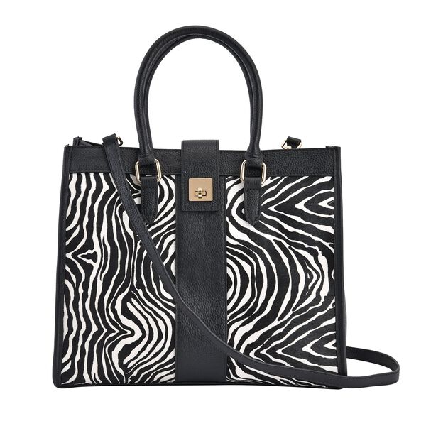 LA MAREY - Echtleder Handtasche 33x14x27,5cm, Griff 11cm, Crossbody 120cm, schwarz mit Zebramuster