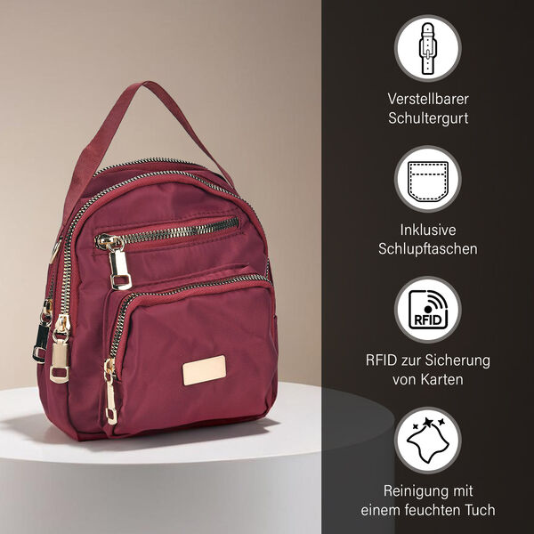 Kompakte Umh&auml;ngetasche mit RFID-Schutz, 4 Au&szlig;enf&auml;chern, verstellbarem Gurt, 16x5x19 cm, Burgunderrot image number 3