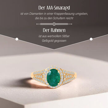 AAA Kagem sambischer Smaragd und Diamant-Ring in 585 Gelbgold - 1,56 ct.