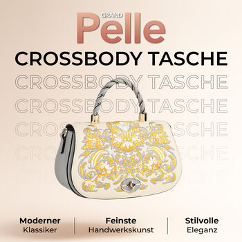 GRAND PELLE Umh&auml;ngetasche aus echtem Leder, Damaststickerei, mit Tragegriff und Schulterriemen, 23&times;9&times;13 cm, Grau