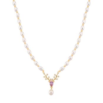 Wei&szlig;e S&uuml;&szlig;wasser Perle, Rosa Zirkonia Halskette ca. 50cm + 2.5cm extender, Nickelfreies Messing gelb vergoldet