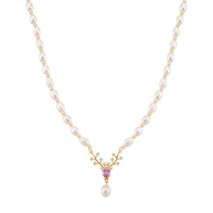 Wei&szlig;e S&uuml;&szlig;wasser Perle, Rosa Zirkonia Halskette ca. 50cm + 2.5cm extender, Nickelfreies Messing gelb vergoldet