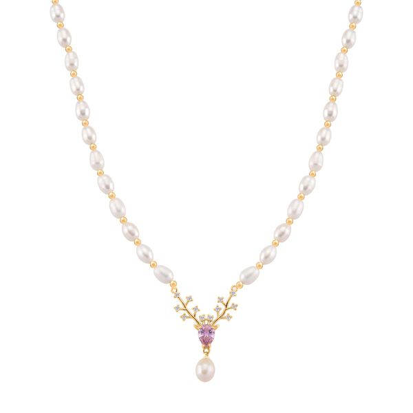 Wei&szlig;e S&uuml;&szlig;wasser Perle, Rosa Zirkonia Halskette ca. 50cm + 2.5cm extender, Nickelfreies Messing gelb vergoldet