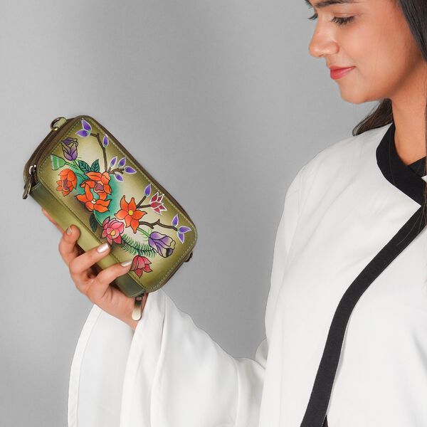 SUKRITI - RFID-geschütztes 100% Echtleder handgemaltes Crossbody-Tasche, 20x9 cm, oliv-gold image number 3